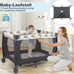 Faltbares Reisebett & Laufstall tragbares Babybett mit Babywiege Wickeltisch Spielbogen Musikbox Blau