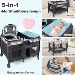 Faltbares Reisebett & Laufstall tragbares Babybett mit Babywiege Wickeltisch Spielbogen Musikbox Blau