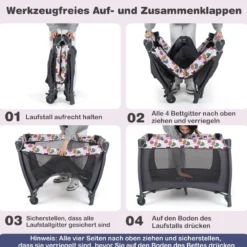 Faltbares Reisebett & Laufstall tragbares Babybett mit Babywiege Wickeltisch Spielbogen Musikbox