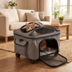 Faltbare Transportbox für Katze mit Tragegriff & Rollen bis zu 15 kg Tragbar 43 x 33 x 35 cm Schwarz