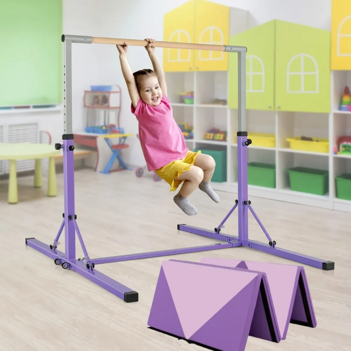 Faltbare Turnstange für Kinder Wackelfreies Heim-Fitnessgerät mit Gymnastikmatte Violett