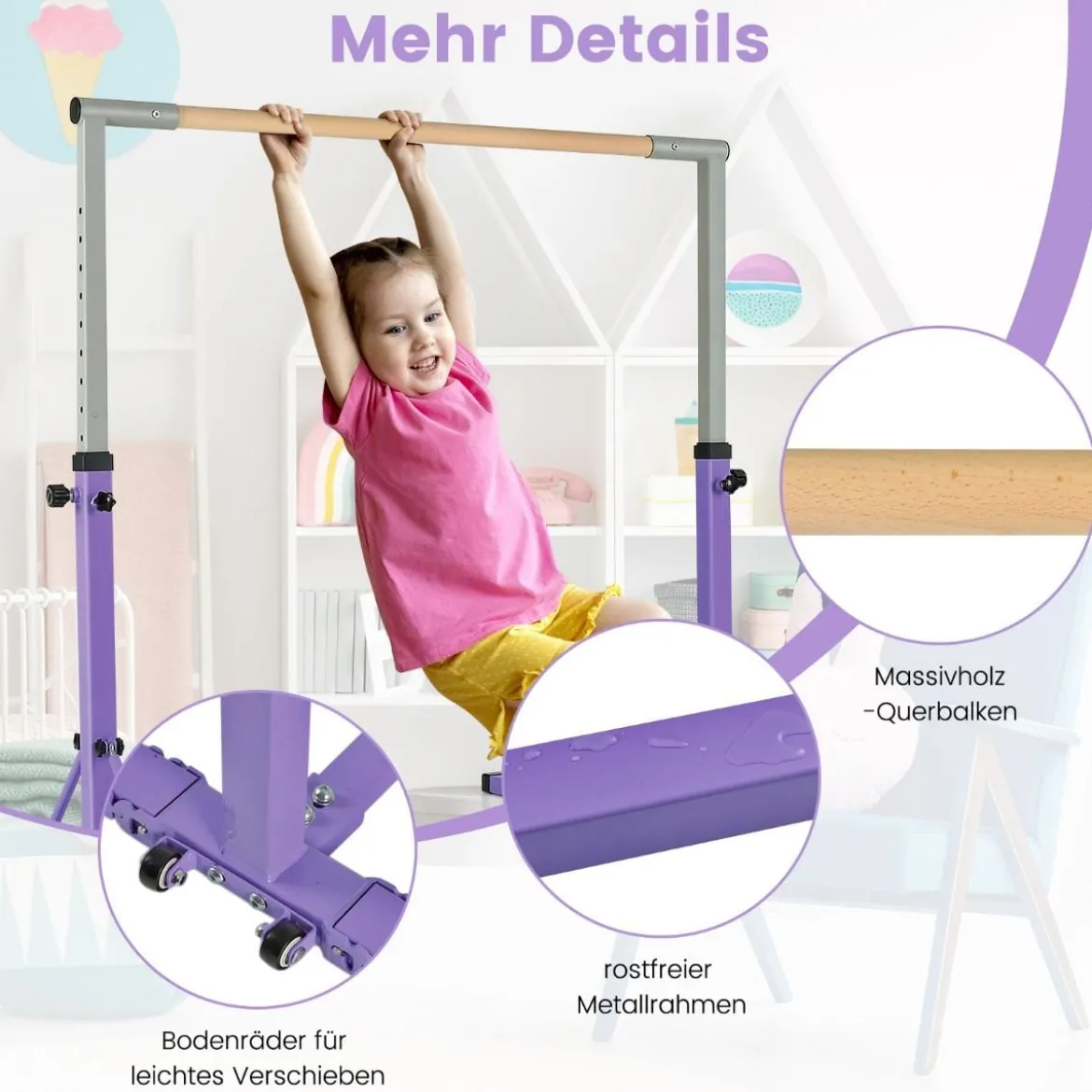 Faltbare Turnstange für Kinder Wackelfreies Heim-Fitnessgerät mit Gymnastikmatte Violett