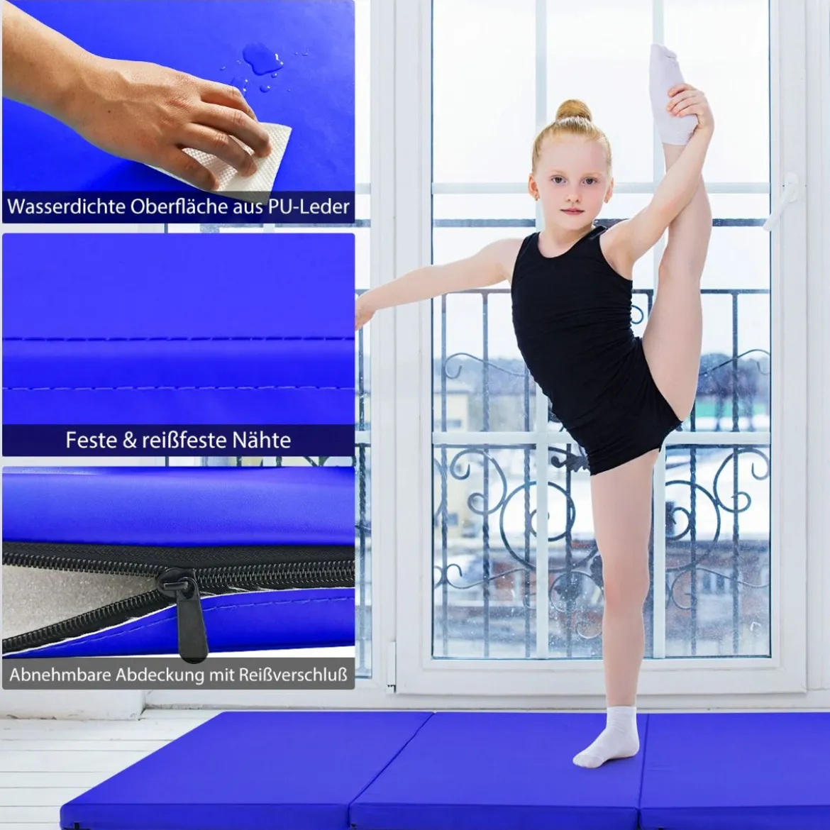 Faltbare Turnstange für Kinder Wackelfreies Heim-Fitnessgerät mit Gymnastikmatte Blau
