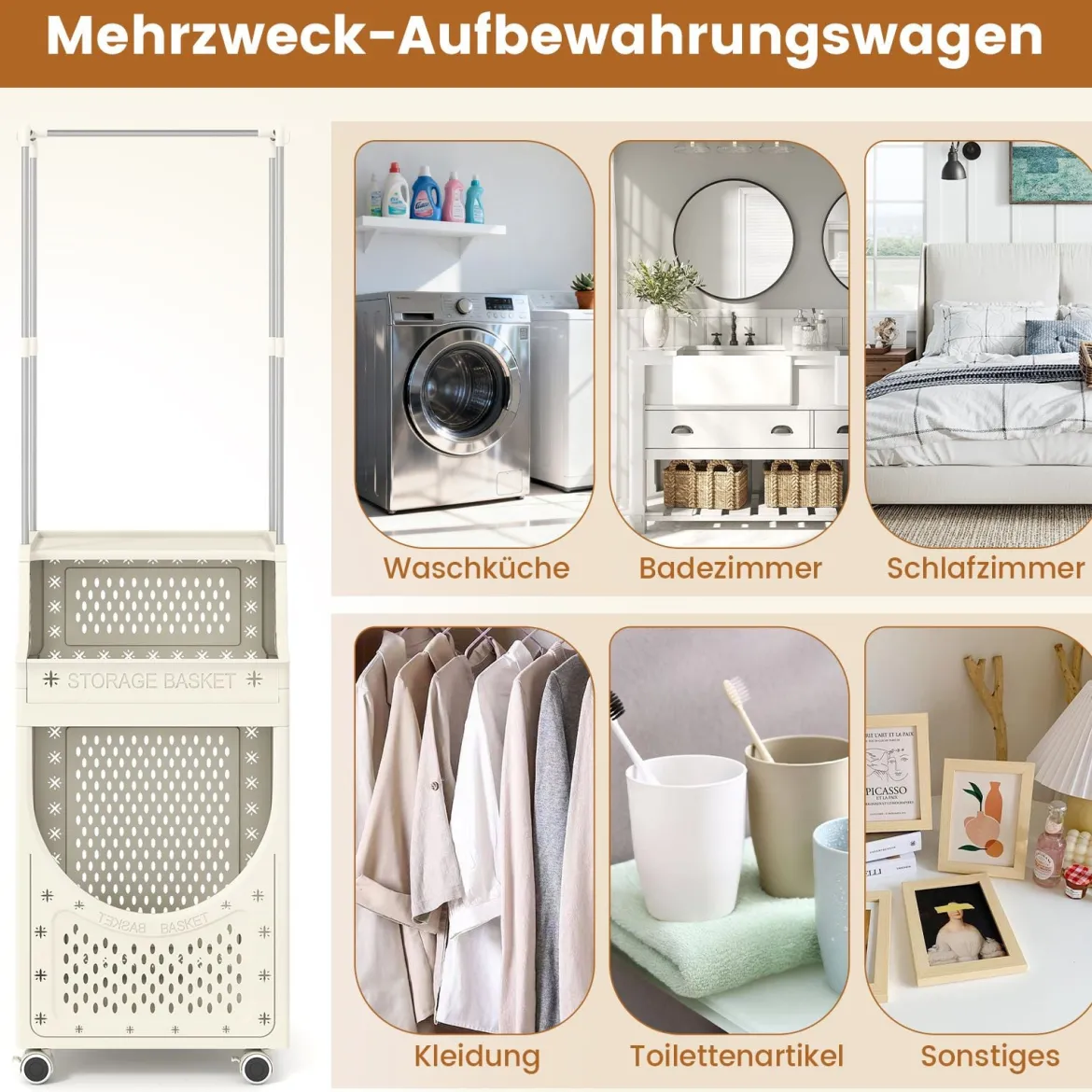 Faltbare Wäschewagen mit Kleiderstange & Feststellbaren Rollen & Korb & 8 Haken Wäschesack