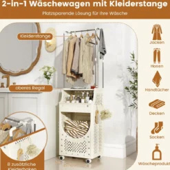 Faltbare Wäschewagen mit Kleiderstange & Feststellbaren Rollen & Korb & 8 Haken Wäschesack