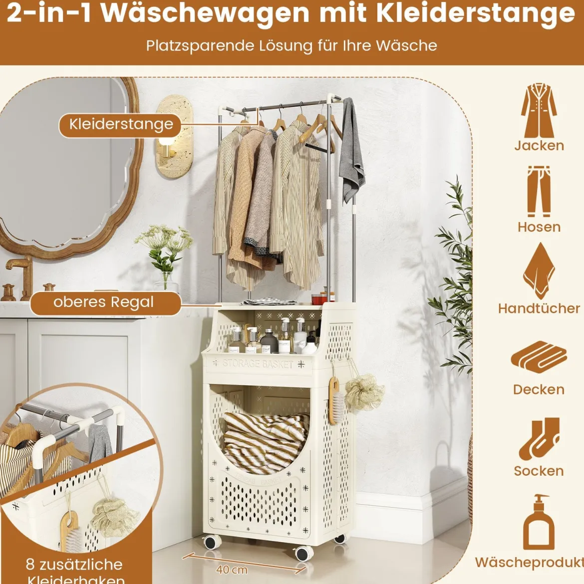Faltbare Wäschewagen mit Kleiderstange & Feststellbaren Rollen & Korb & 8 Haken Wäschesack
