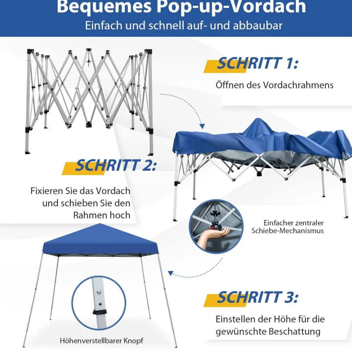 Faltpavillon 3 m x 3 m Großes Aufklappbares Vordach Blau mit Tragetasche mit 3-stufiger Höhenverstellung