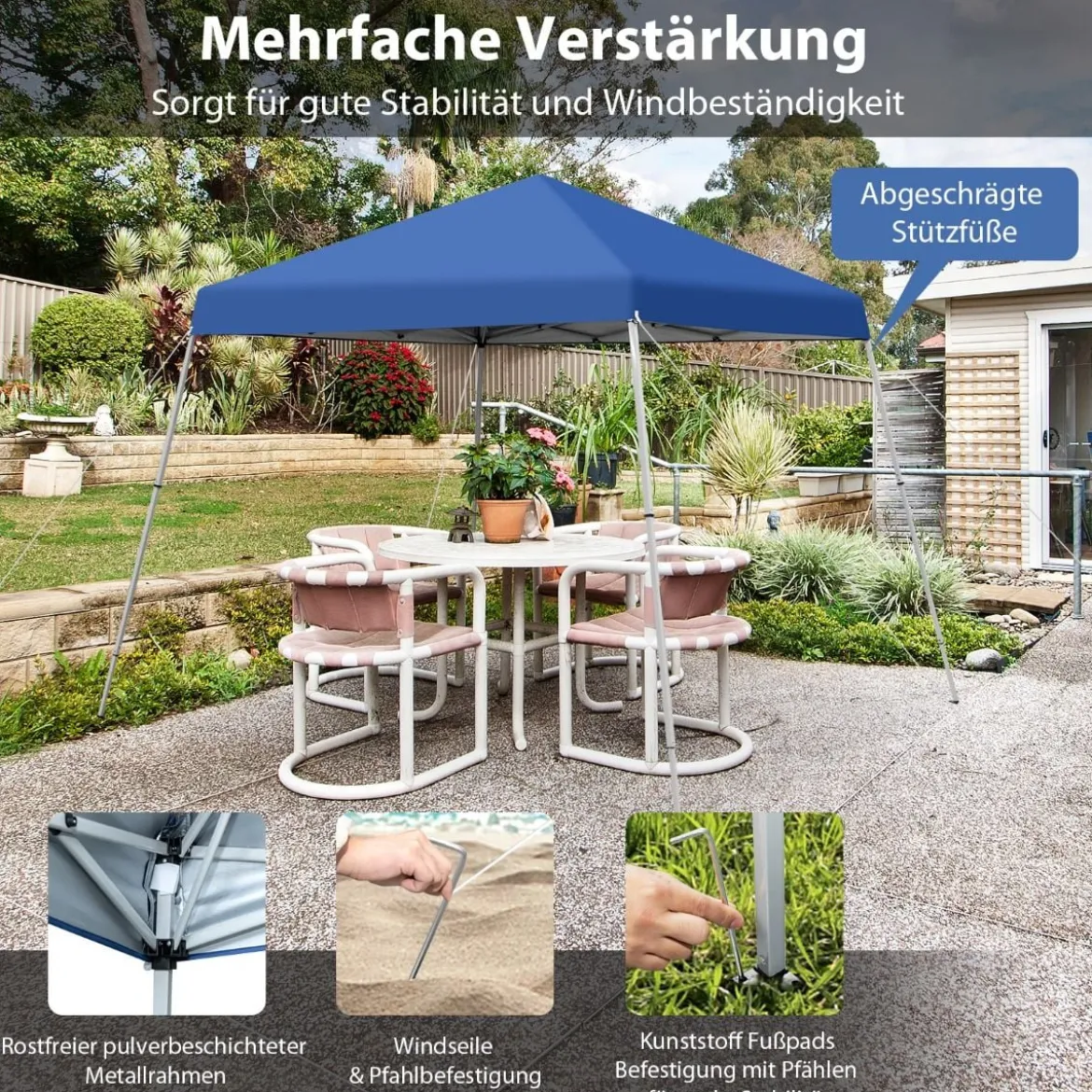 Faltpavillon 3 m x 3 m Großes Aufklappbares Vordach Blau mit Tragetasche mit 3-stufiger Höhenverstellung