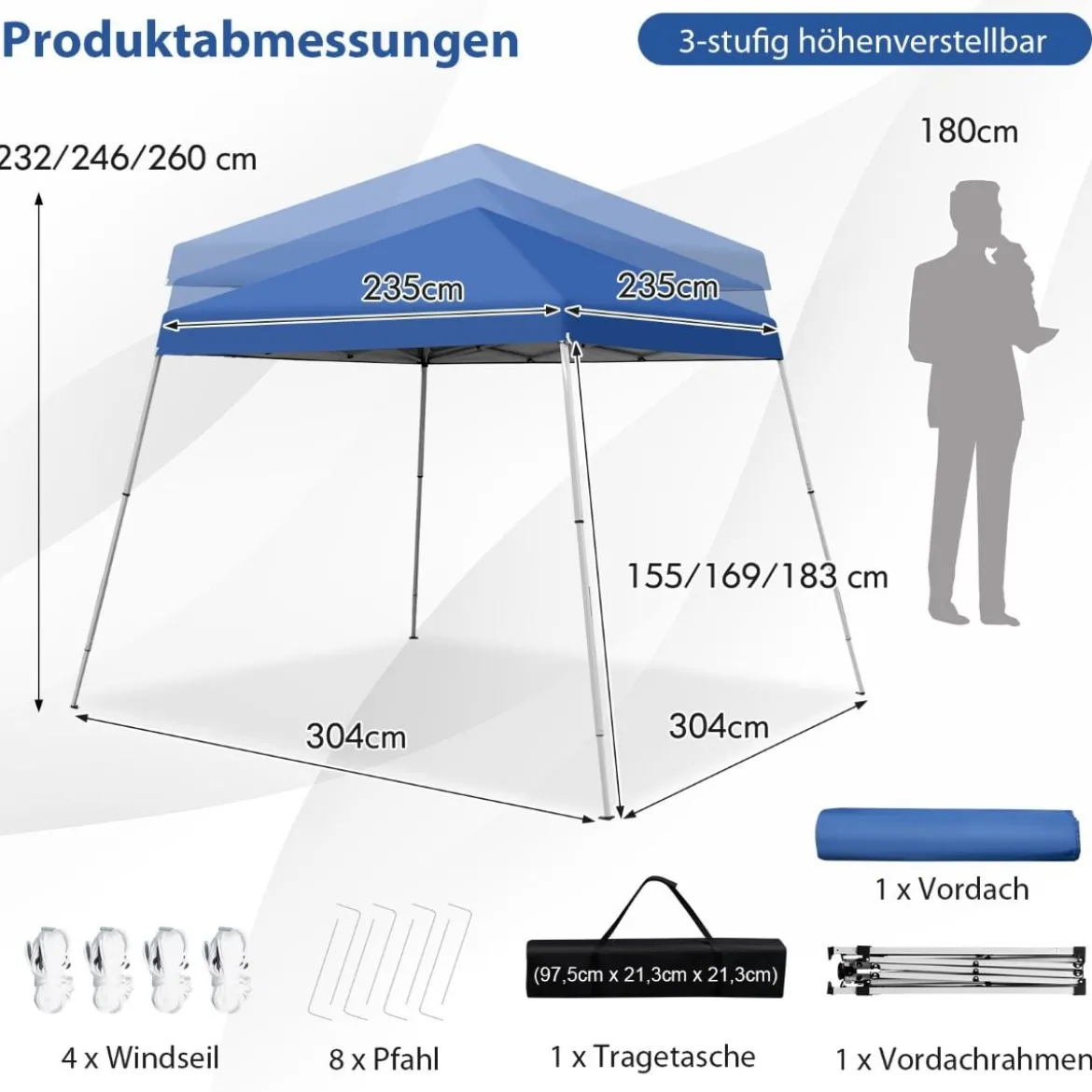 Faltpavillon 3 m x 3 m Großes Aufklappbares Vordach Blau mit Tragetasche mit 3-stufiger Höhenverstellung