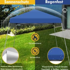 Faltpavillon 3 m x 3 m Großes Aufklappbares Vordach Blau mit Tragetasche mit 3-stufiger Höhenverstellung