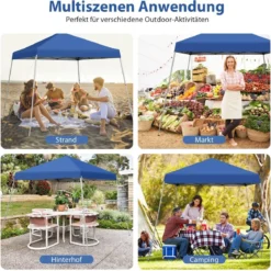Faltpavillon 3 m x 3 m Großes Aufklappbares Vordach Blau mit Tragetasche mit 3-stufiger Höhenverstellung