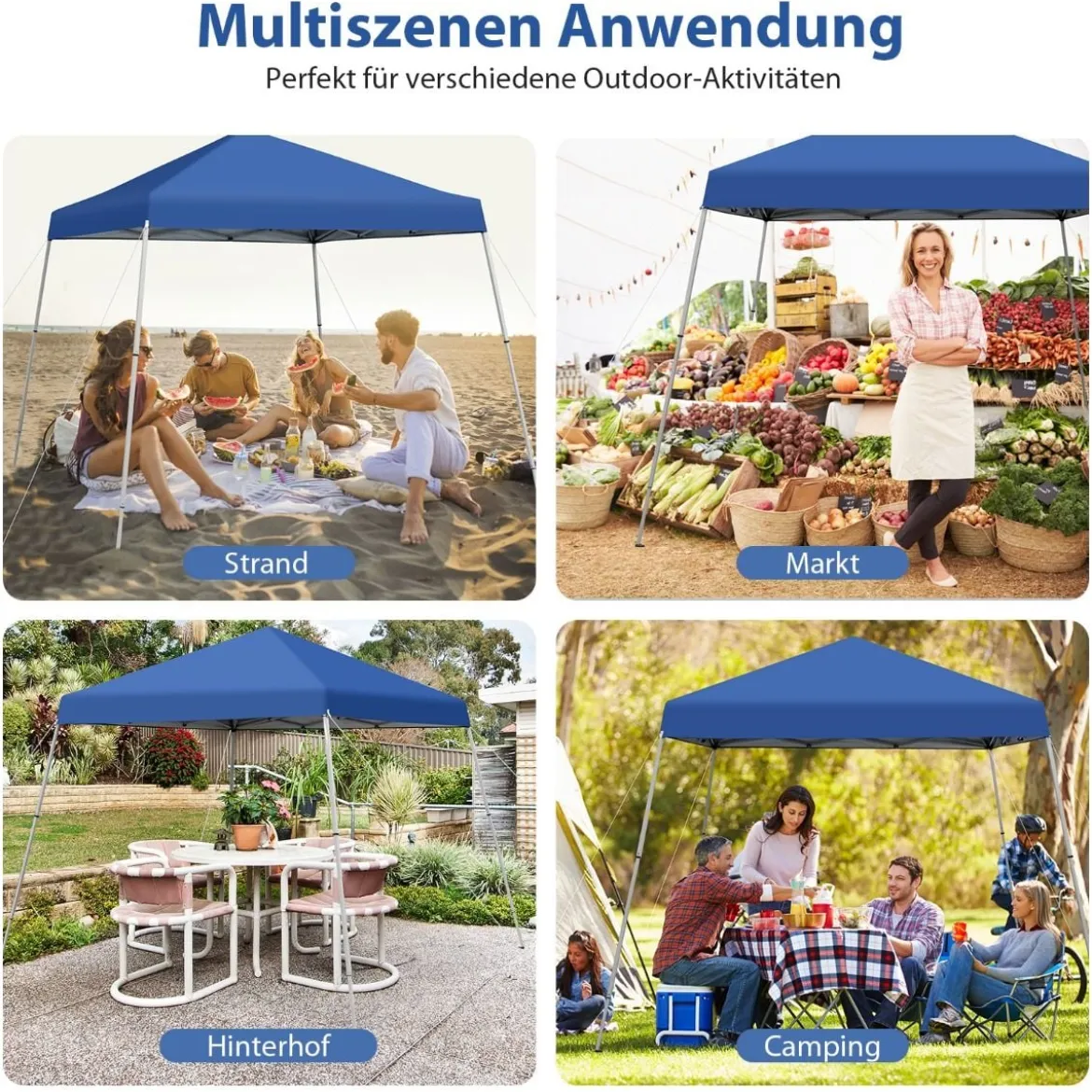 Faltpavillon 3 m x 3 m Großes Aufklappbares Vordach Blau mit Tragetasche mit 3-stufiger Höhenverstellung