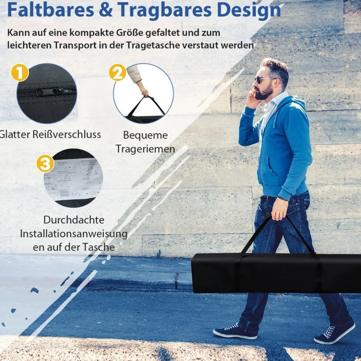 Faltpavillon 3 m x 3 m Großes Aufklappbares Vordach Blau mit Tragetasche mit 3-stufiger Höhenverstellung