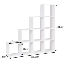 10 Fächer Weiß Holz Treppenregal Bücherregal