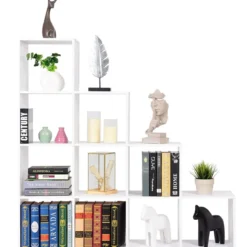 10 Fächer Weiß Holz Treppenregal Bücherregal