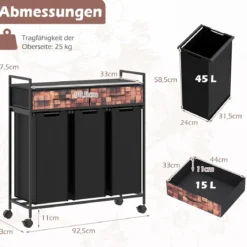3 Fächer Wäschekorb 135L Rollbar Mit Schubladen Wäschesäcke Für Badezimmer Wohnzimmer Schwarz + Rustikal Braun