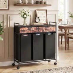3 Fächer Wäschekorb 135L Rollbar Mit Schubladen Wäschesäcke Für Badezimmer Wohnzimmer Schwarz + Rustikal Braun
