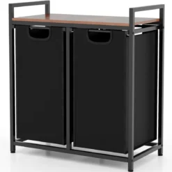 2 Fächer Wäschekorb mit Ablage & 2 Abnehmbaren Taschen Wäschesammler 72,5 x 33 x 72 cm