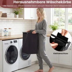 3 Fächer Wäschekorb mit Ablage 75 L Wäschesammler mit 3 Abnehmbaren Taschen Wäschesortierer