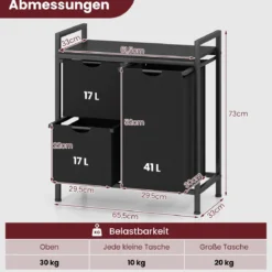 3 Fächer Wäschekorb mit Ablage 75 L Wäschesammler mit 3 Abnehmbaren Taschen Wäschesortierer