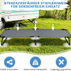 Feldbett Campingbett bis 150 kg belastbar Klappbett Liege Bett Campingliege Einzelbett 191 x 56 x 31cm Grau
