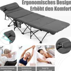Feldbett Klappbar Campingbett mit Matratze 185 cm x 65 cm x 41–53 cm Grau