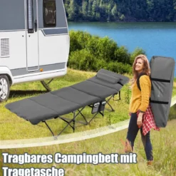 Feldbett Klappbar Campingbett mit Matratze 185 cm x 65 cm x 41–53 cm Grau