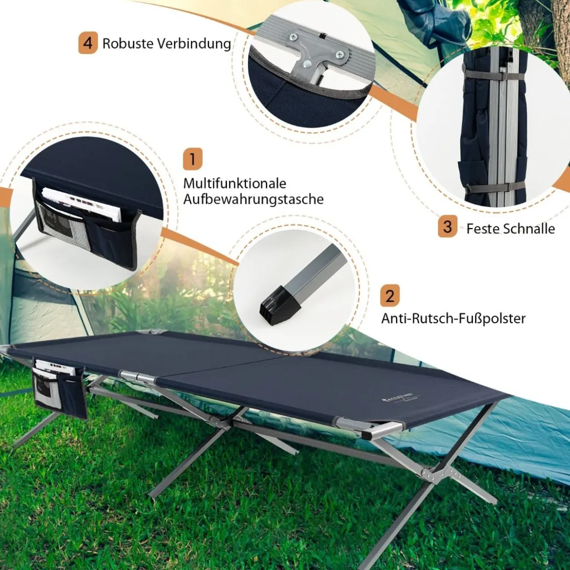 Feldbett Klappbar XXL 214,5 x 106 cm Campingbett mit Seitentasche