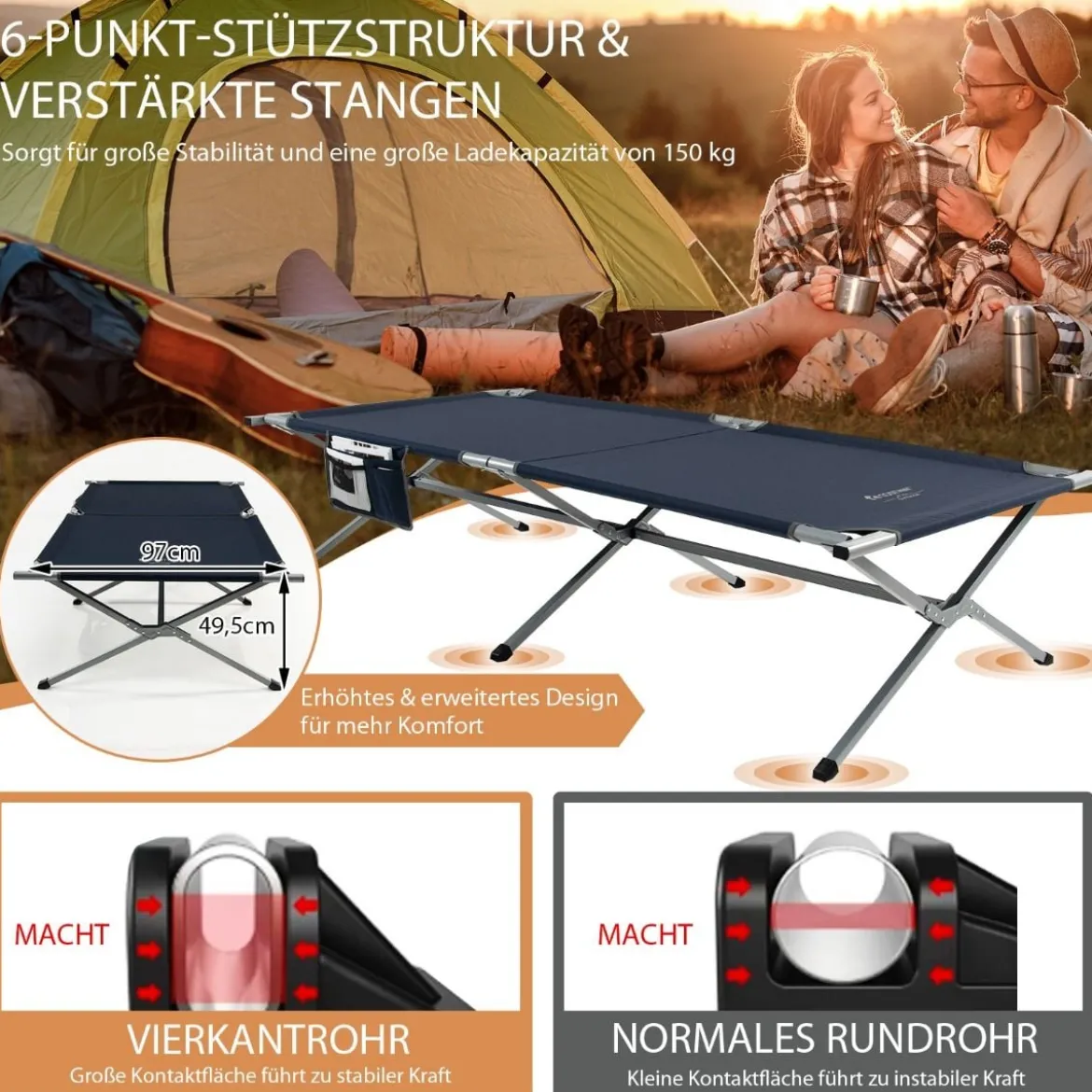 Feldbett Klappbar XXL 214,5 x 106 cm Campingbett mit Seitentasche