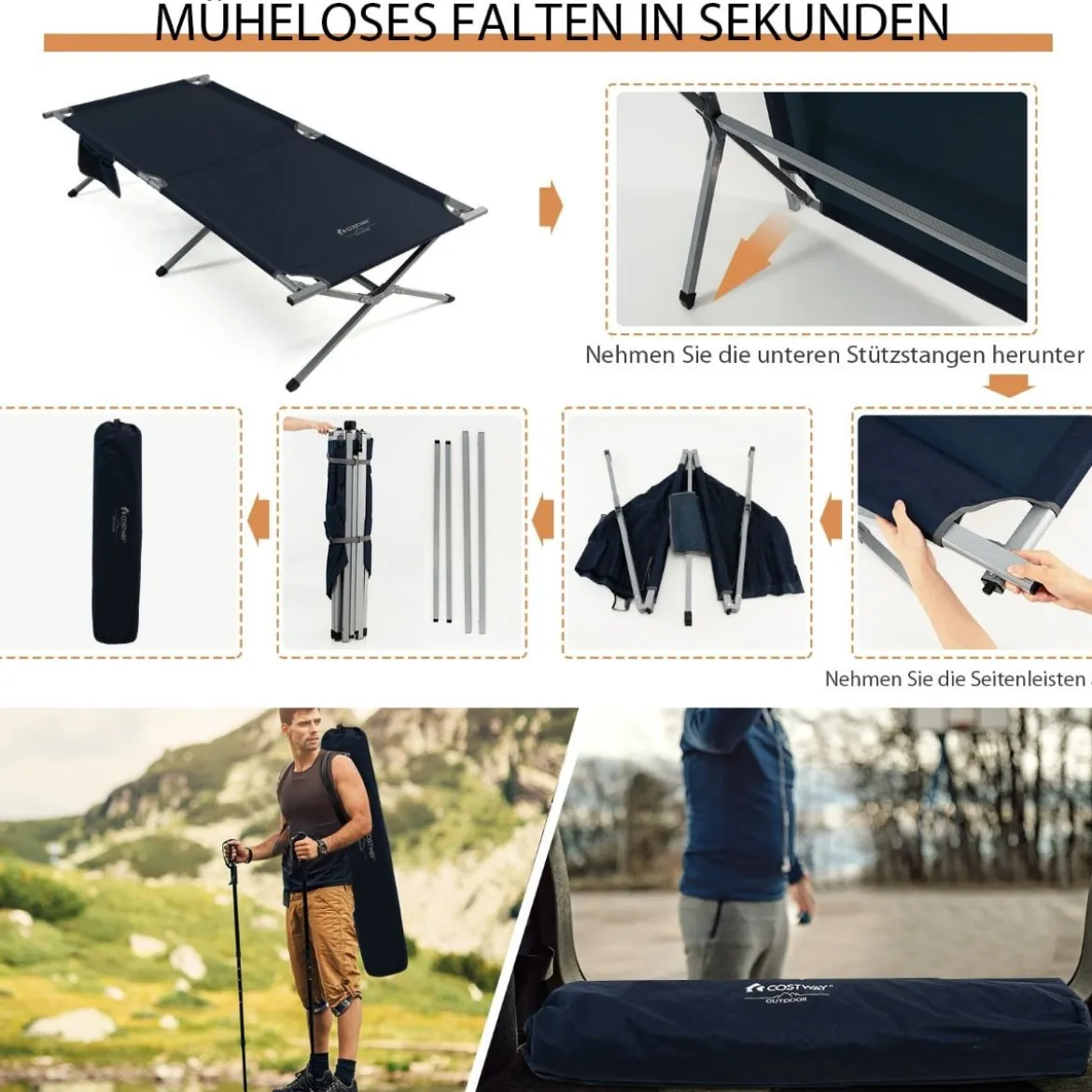 Feldbett Klappbar XXL 214,5 x 106 cm Campingbett mit Seitentasche