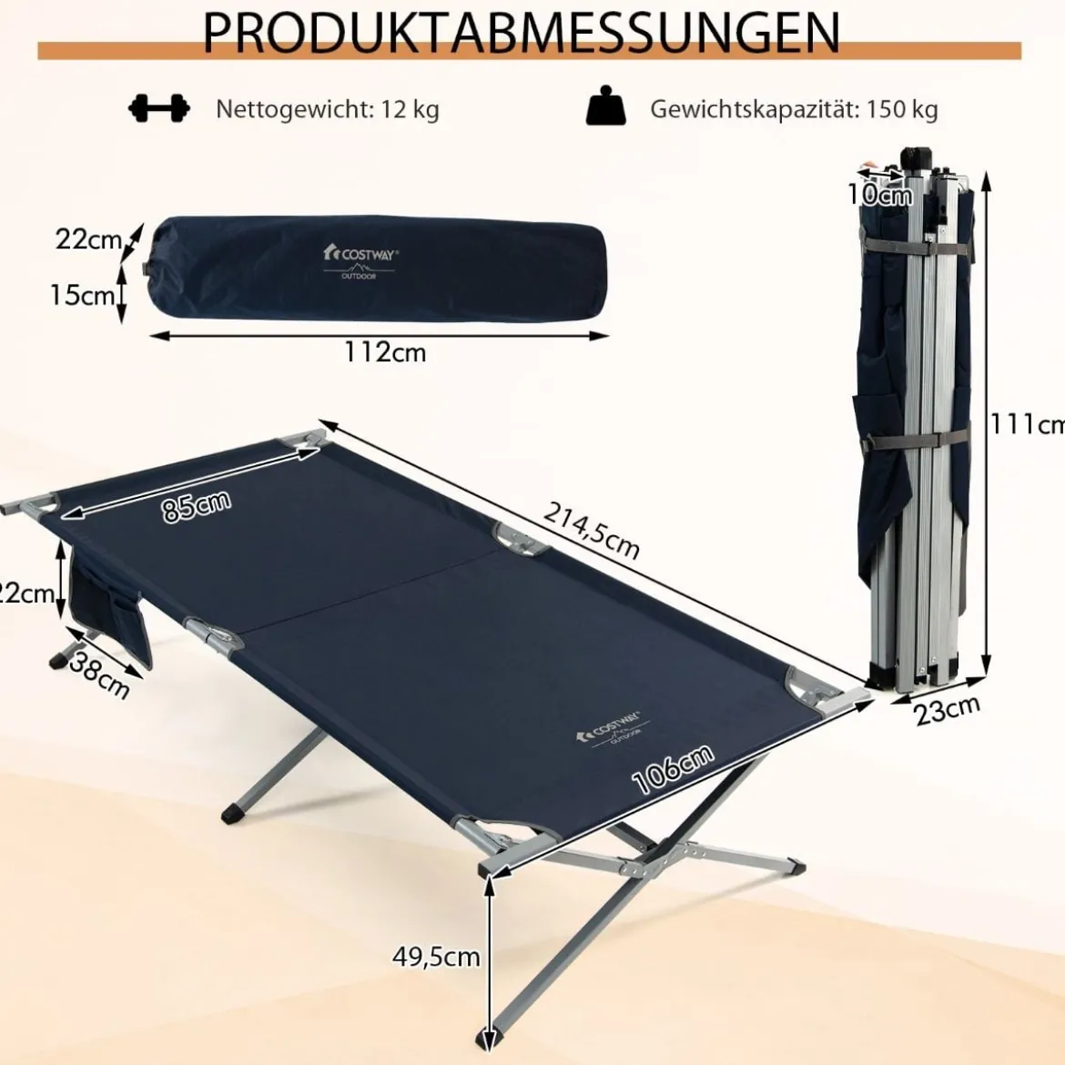 Feldbett Klappbar XXL 214,5 x 106 cm Campingbett mit Seitentasche