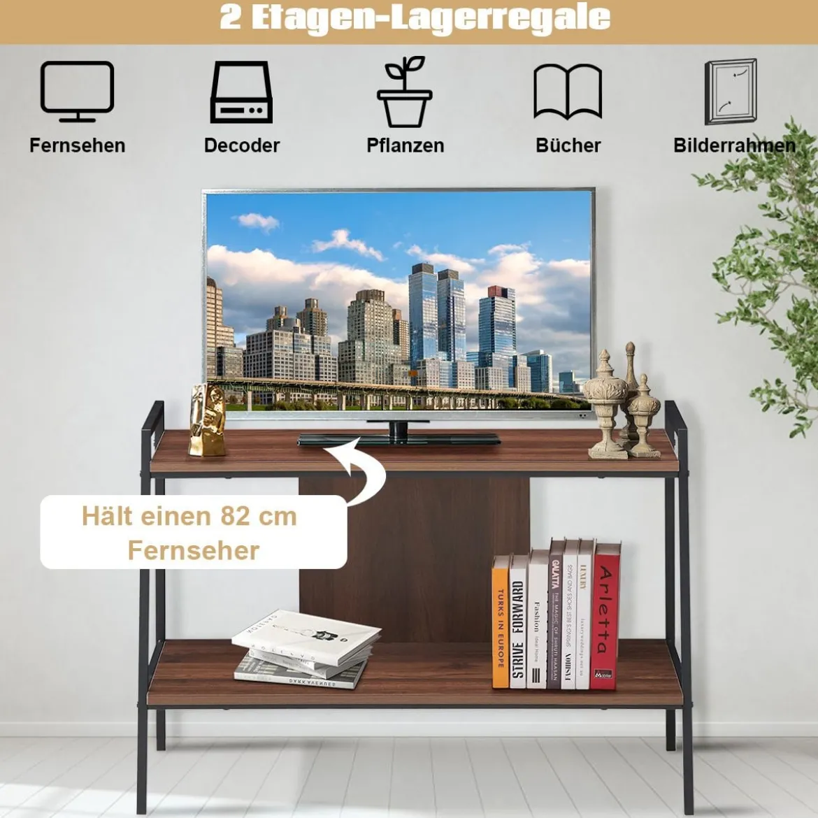 Fernsehschrank TV-Entertainment-Center 2-Stufiges TV-Regal für Fernseher bis 32 Zoll Walnuss