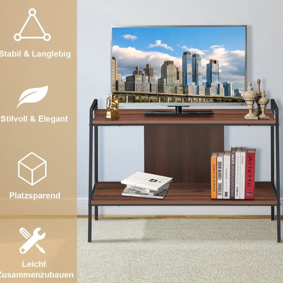 Fernsehschrank TV-Entertainment-Center 2-Stufiges TV-Regal für Fernseher bis 32 Zoll Walnuss