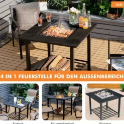Feuerschale aus Stahl Feuerstelle mit Ablage Schwarz