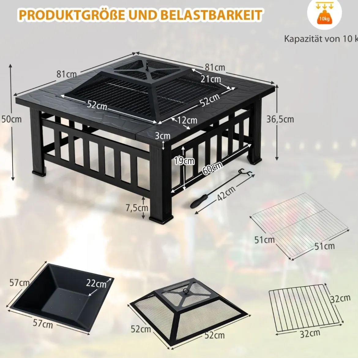 Feuerschale mit Grillrost & Funkenschutz & Schürhaken Feuerkorb Outdoor Feuerstelle
