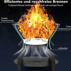 Feuerschale mit Topfhalter und Ablage Feuerstelle mit rauchfreier 50 x 58 cm Schwarz