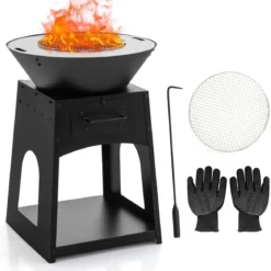 Feuerstelle mit Grillrost Aschekasten unterem Staufach Feuerschale 60 x 80 cm Schwarz