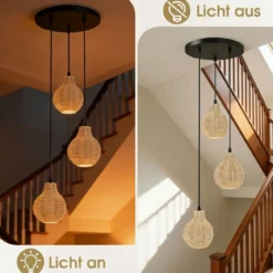 3-flammige Boho Rattan Hängeleuchte handgewebter natürlicher Korb-Kronleuchter mit verstellbarer Höhe Beige