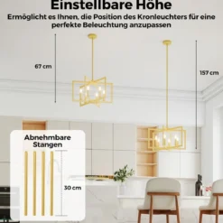 6-flammiger Kronleuchter Deckenleuchte industriell Pendelleuchte mit 67-157 cm verstellbarer Höhe Champagnerbronze
