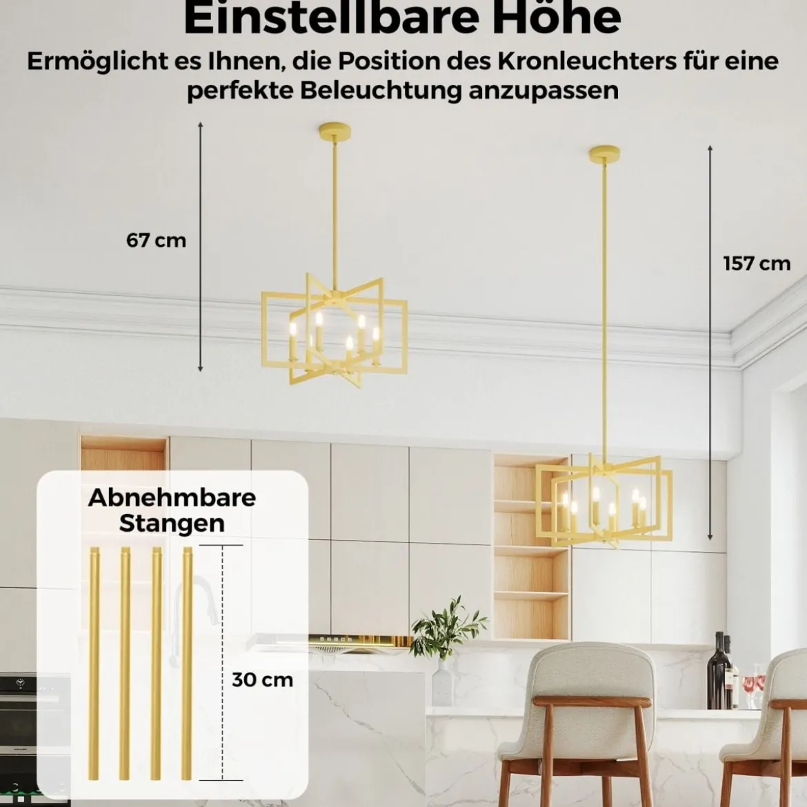 6-flammiger Kronleuchter Deckenleuchte industriell Pendelleuchte mit 67-157 cm verstellbarer Höhe Champagnerbronze
