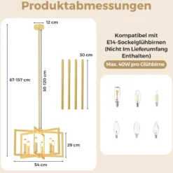 6-flammiger Kronleuchter Deckenleuchte industriell Pendelleuchte mit 67-157 cm verstellbarer Höhe Champagnerbronze