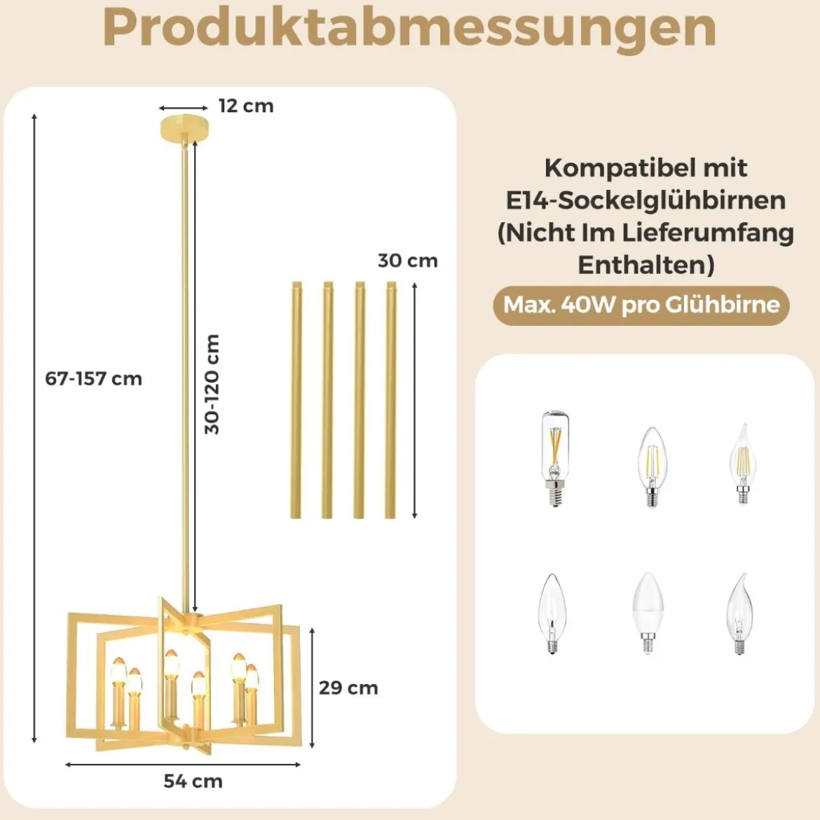 6-flammiger Kronleuchter Deckenleuchte industriell Pendelleuchte mit 67-157 cm verstellbarer Höhe Champagnerbronze