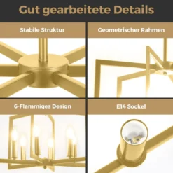 6-flammiger Kronleuchter Deckenleuchte industriell Pendelleuchte mit 67-157 cm verstellbarer Höhe Champagnerbronze