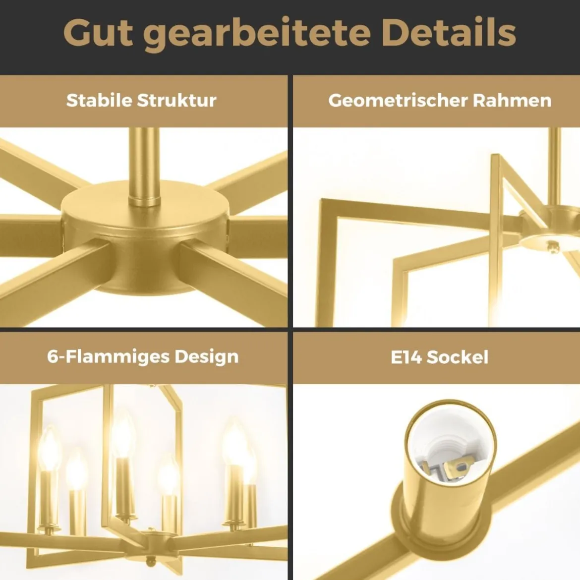 6-flammiger Kronleuchter Deckenleuchte industriell Pendelleuchte mit 67-157 cm verstellbarer Höhe Champagnerbronze