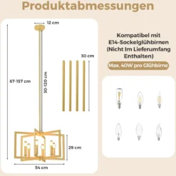 6-flammiger Kronleuchter Deckenleuchte industriell Pendelleuchte mit 67-157 cm verstellbarer Höhe Golden