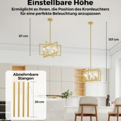 6-flammiger Kronleuchter Deckenleuchte industriell Pendelleuchte mit 67-157 cm verstellbarer Höhe Golden