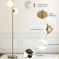 2-flammige Stehlampe aus Milchglas mit 2 Glühbirnen & Fußschalter Moderne Stehleuchte Golden
