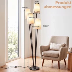 4-flammige Stehlampe mit Fußschalter & 4 Lampenschirmen Moderne Bodenlampe 25 x 25 x 160 cm