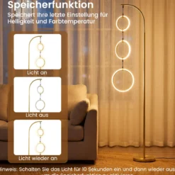 3 Flammig LED Stehleuchte Leselampe mit 3 Hängenden Lampenringen & Fußschalter Standleuchte