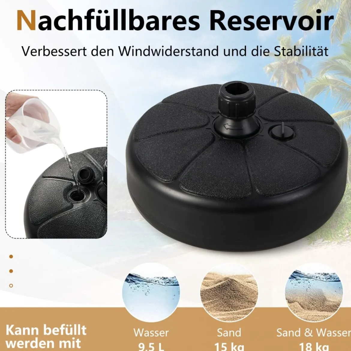 Füllbarer runder Schirmständer mit 37 cm Durchmesser für maximal 12 Kg Schwarz